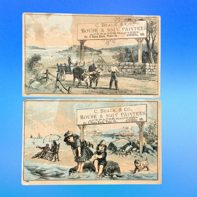 KK — *Craft/Junk Journal* Lot/2 Antique C. Beale & Co House and Sign Painters (and Paperhangers) Augusta ME Victorian Trade Cards