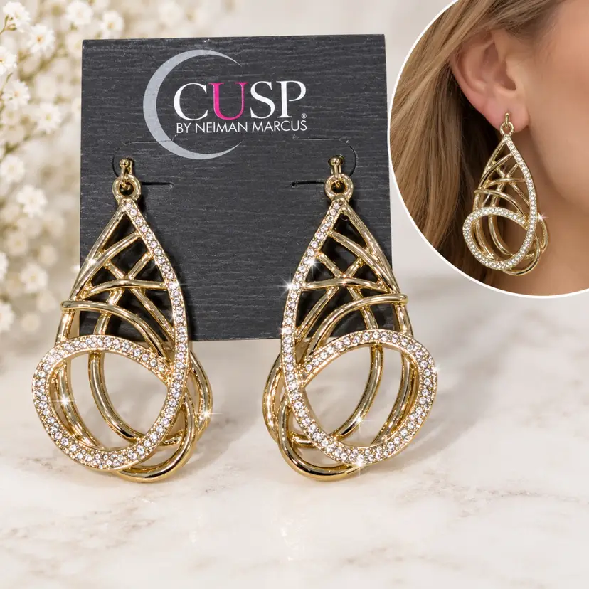 $58 Neiman Marcus cusp Drop Dangle Gold Sparkly Shiny Earrings Statement New Gift