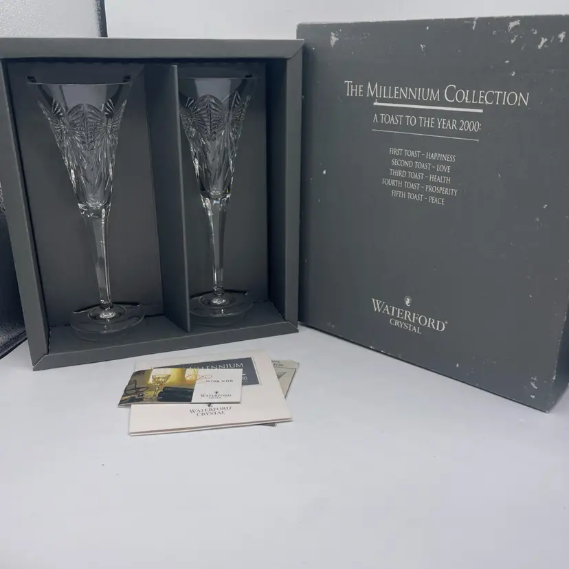Waterford Millennium Collection Happiness Champaign Toasting Flutes Set 2