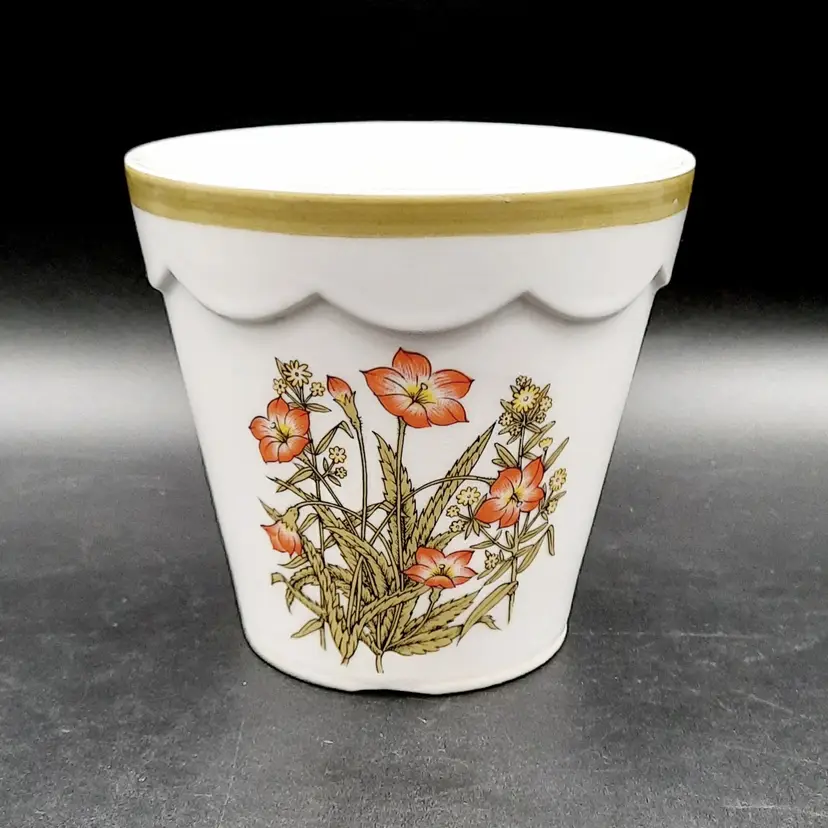 Vintage Ardco Japan Planter Orange Flowers Olive Green Scalloped Rim