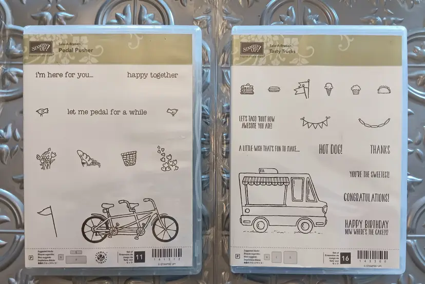Stampin Up Pedal Pusher #141312 Tasty Trucks #143300 2 stamp kit lot bicycle