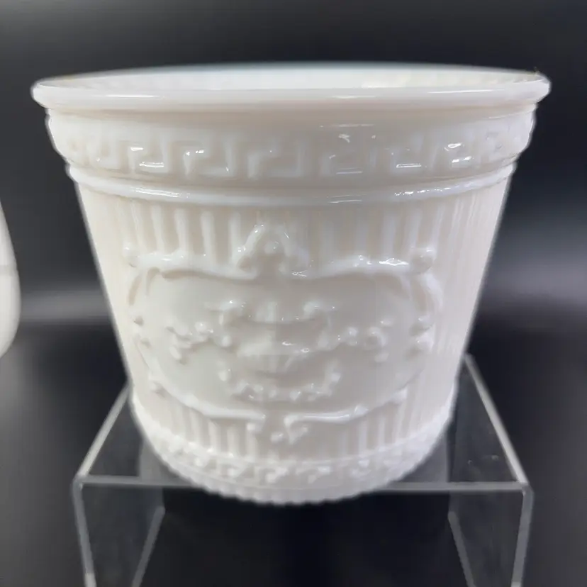White Milk, Glass Greek Key Pattern, Ribbed Planter