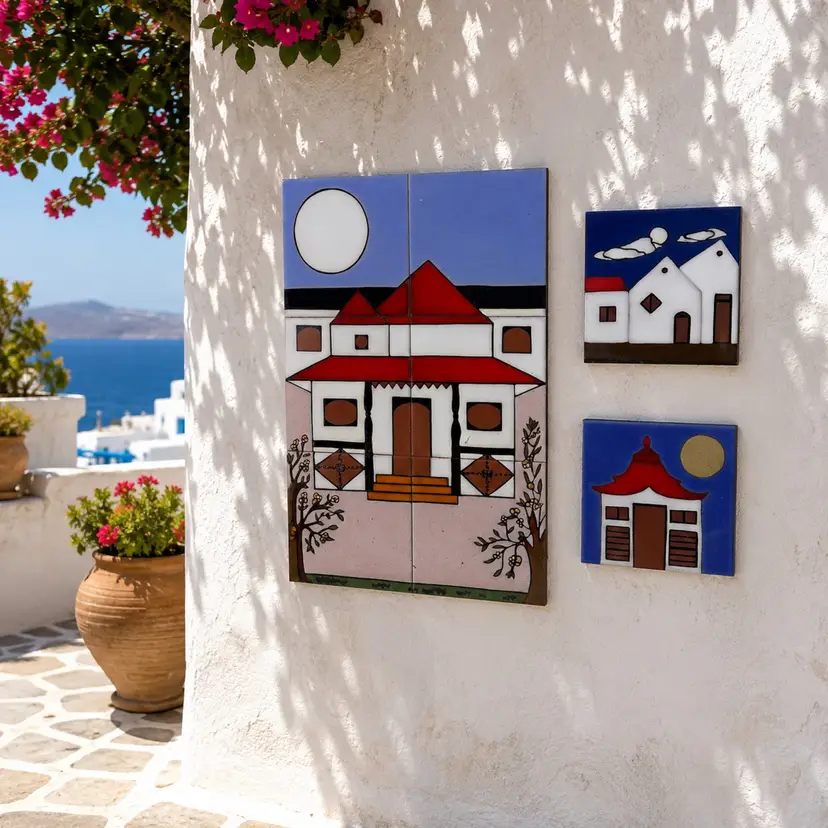 1979 Handmade Greek Village Ceramic Tile Art Set/3 18”x12”
