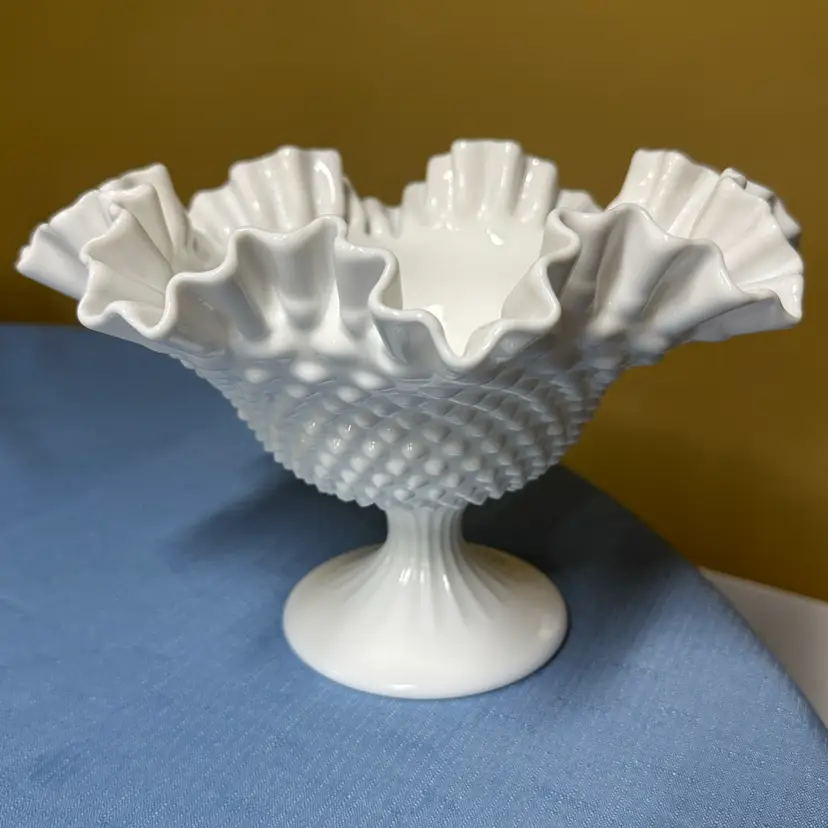 Fenton Hobnail Milk Glass Ruffled Edge Compote, 1950s Pedestal Dish 6.75” tall