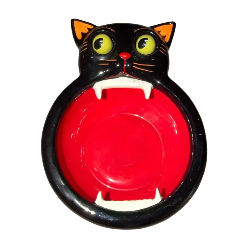 2002 Black Cat Dept 56 Googley-Eyed Halloween Vampire Cat Treat Bowl Eyes Move 👀