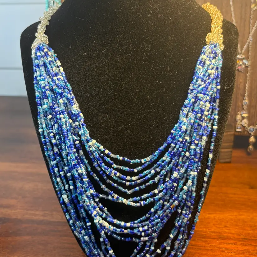 Blue Seed Bead Necklace 24”