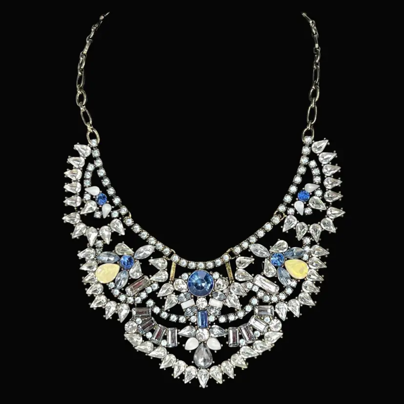 22” Baublebar Blue & Clear Rhinestone Statement Necklace. Bib Style. 2” Extender. Still Has Tag.