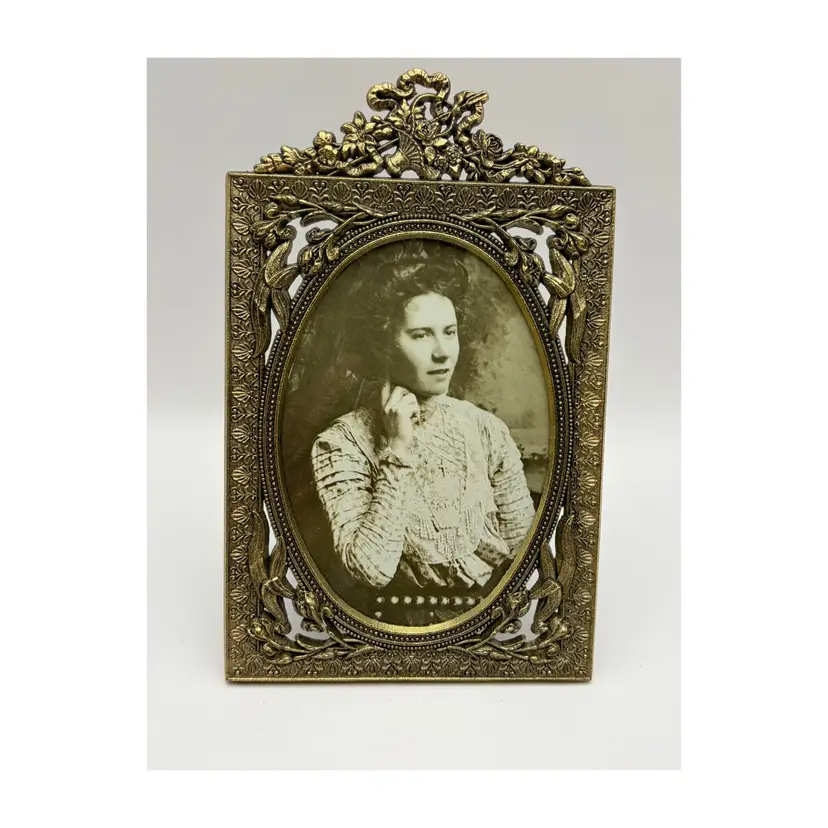 Victorian Style Antique Brass Metal Photo Frame Ornate Flower & Ribbon Design