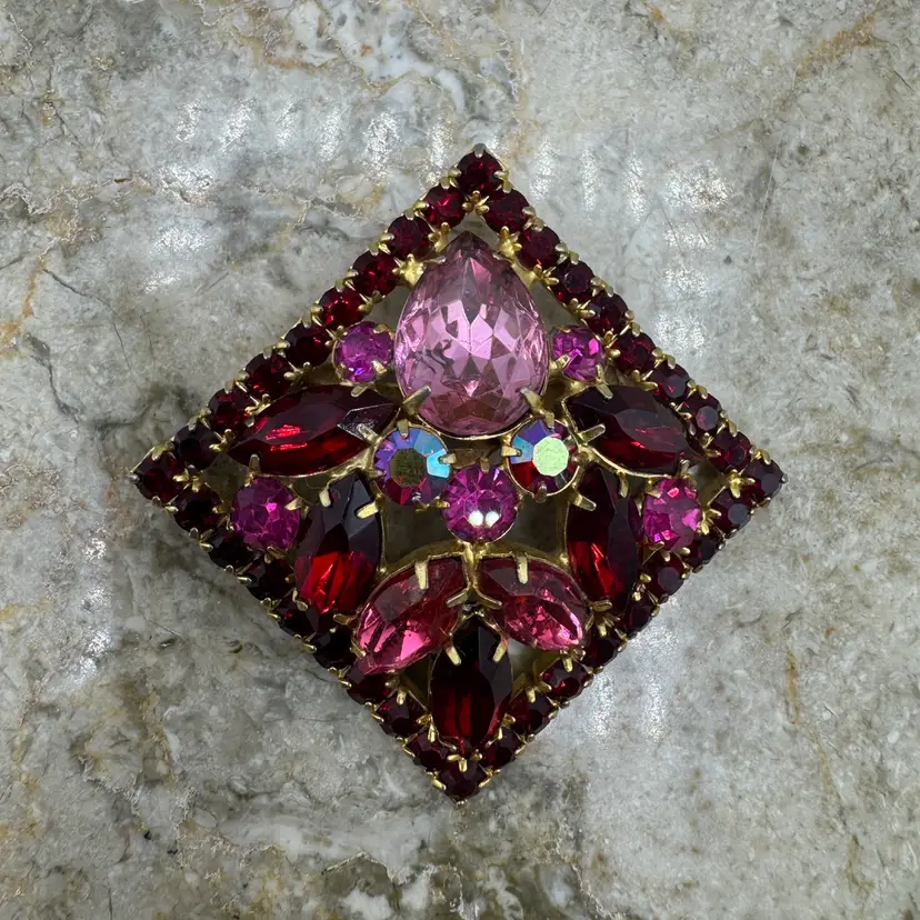 Vintage 1950’s Signed WEISS Domed Rhinestone Brooch Pink Red AB Diamond Shaped