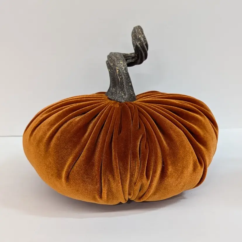 Dark Orange Velvet Stuffed Pumpkin with Twisted Gold Speckled Stem Halloween 8"