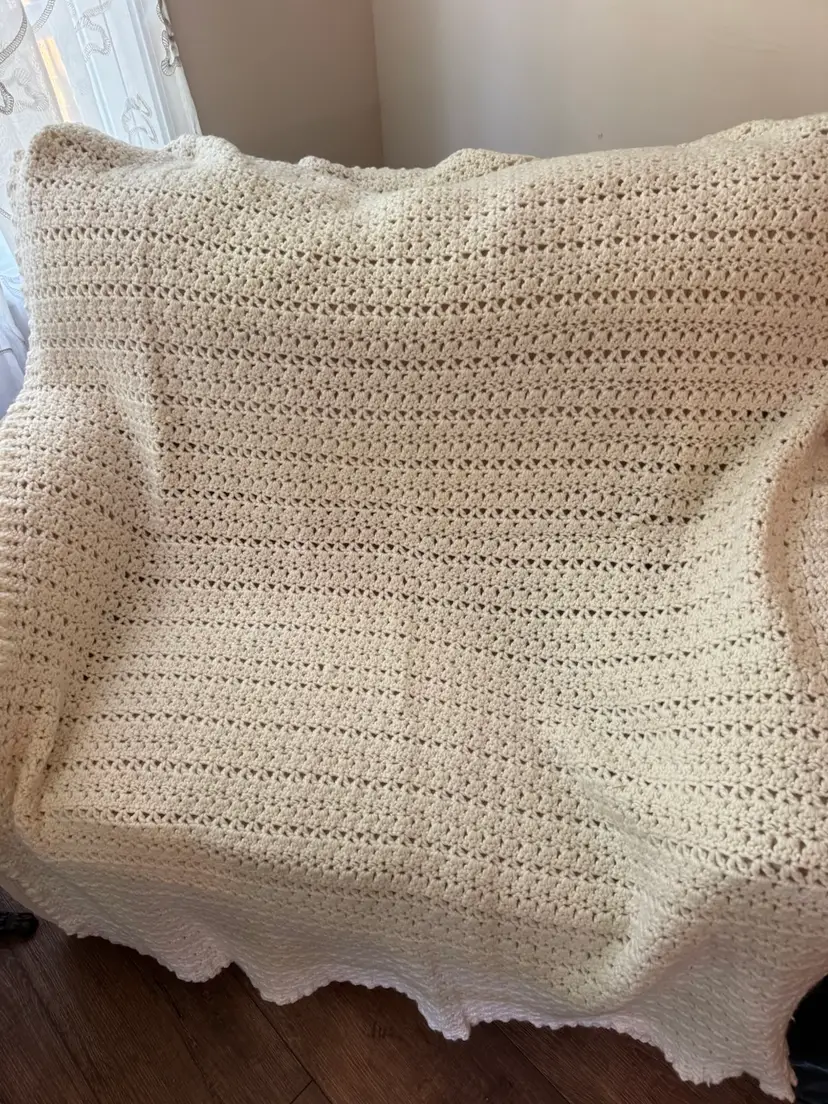 Off-white Hand Made Crocheted Afghan 82” X 60”