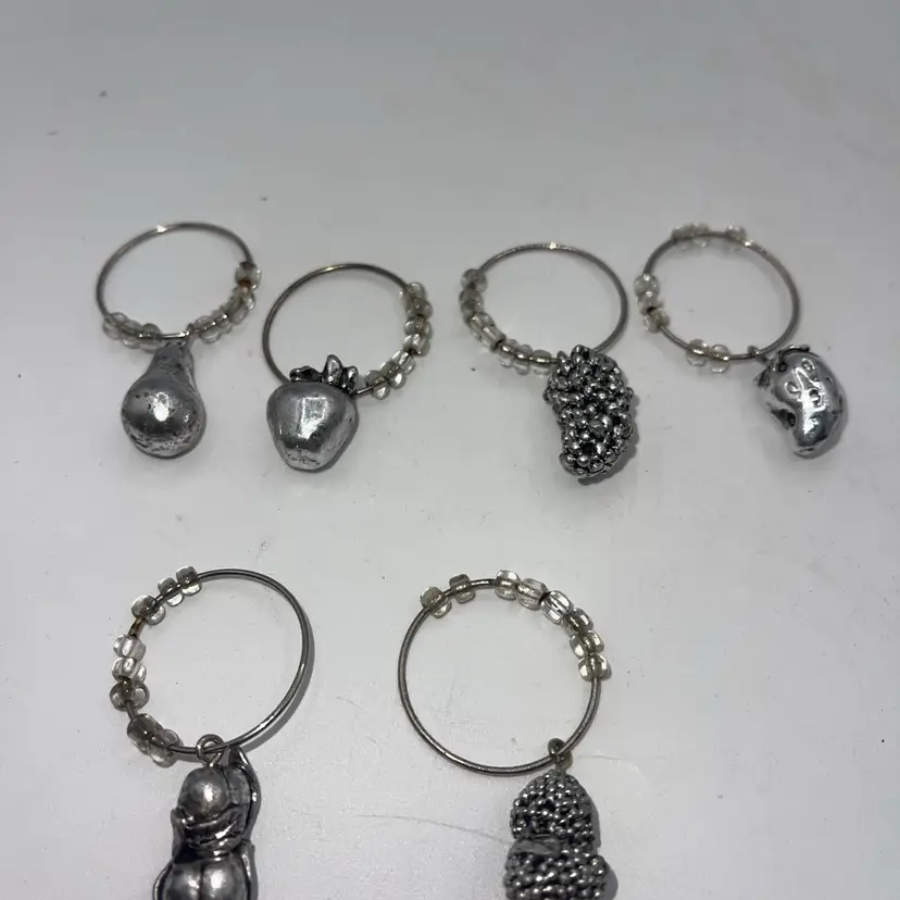 Pewter Wine Glass Charms Set of 6 Heavy Fall Harvest Fruit Pear Grapes, Apple