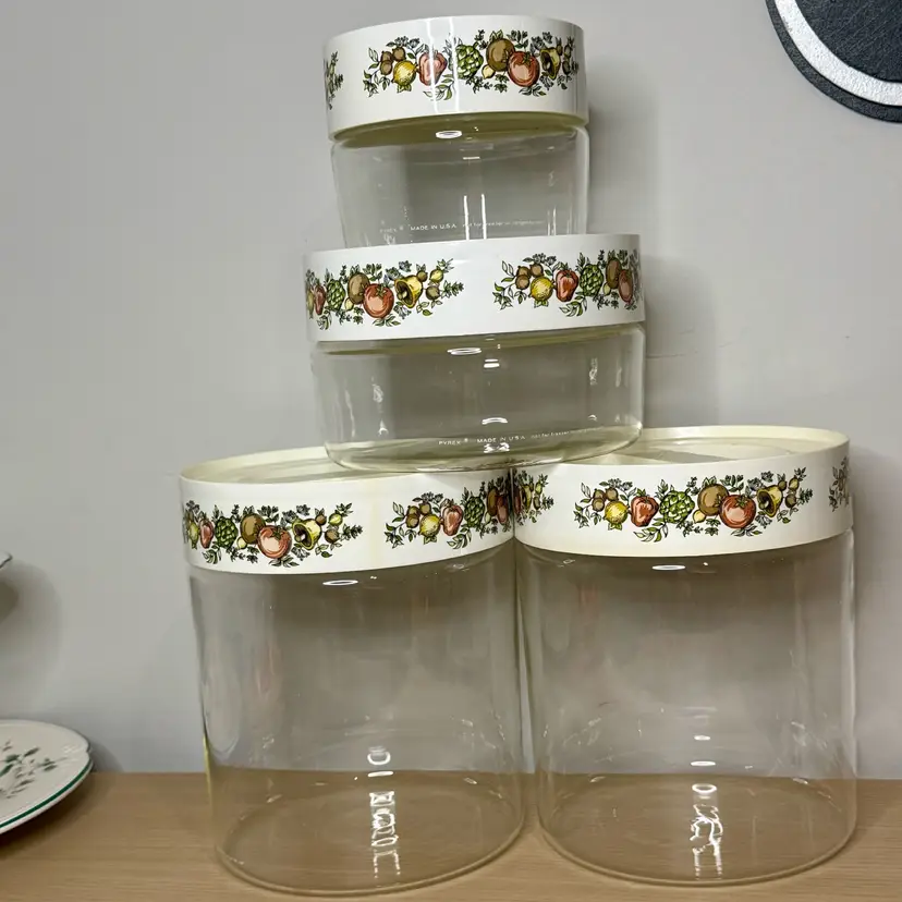 Vintage Pyrex Spice of Life See N Store Four Piece Clear Glass Canister Set (USA)
