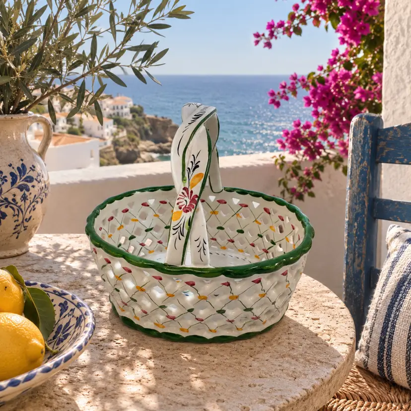 Vintage Hand-Painted Portuguese Ceramic Basket by R.E.C., Portugal
