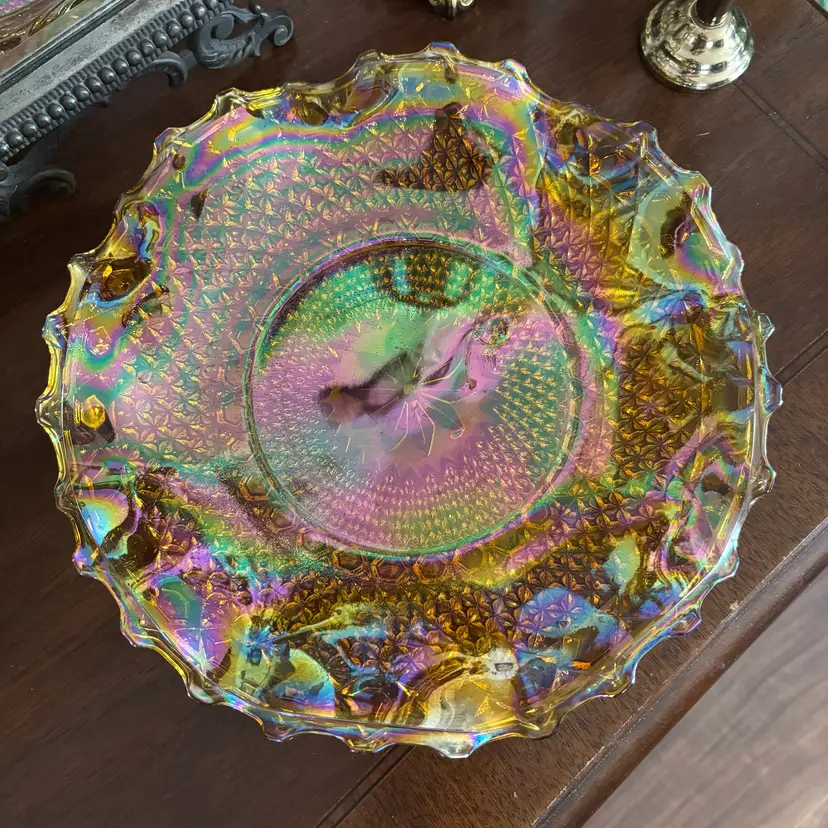 🐇 Vintage Indiana Glass Carnival Glass Iridescent Marigold Diamond Point Plate Server