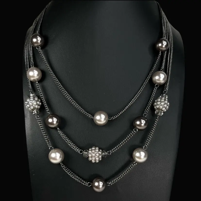ROMAN Faux Black Pearl & Crystal Necklace w 6-Strand Dark Silvery Black Chain. Tag Stamped RMN (for Roman).