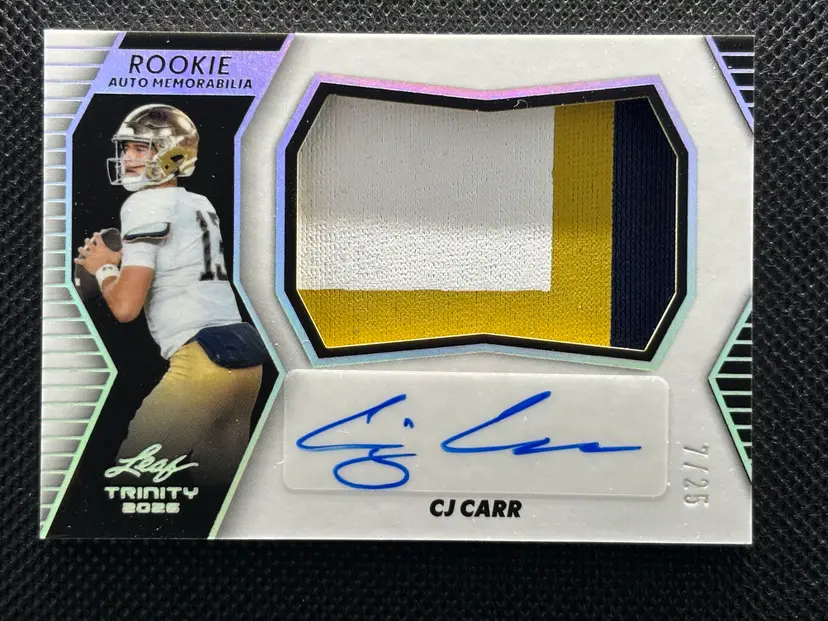 CJ Carr 2026 Leaf Trinity Rookie Auto Memorabilia RM-CJC 7/25 Autograph Notre Dame Fighting Irish