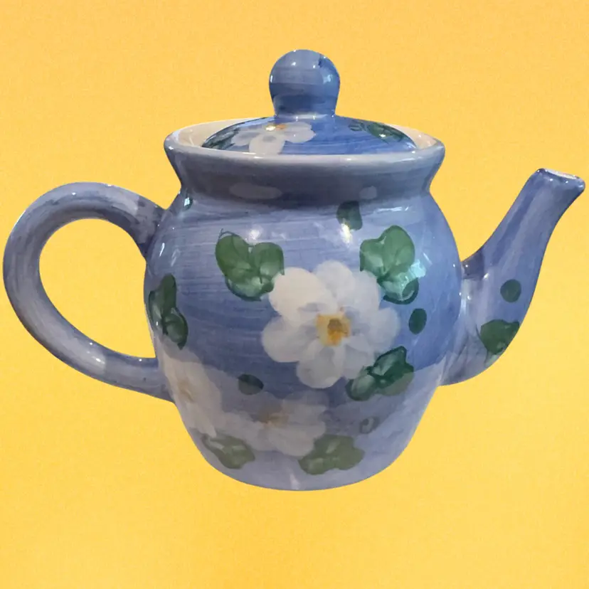 Ceramic Hand Painted Blue W/ White Flowers Teapot