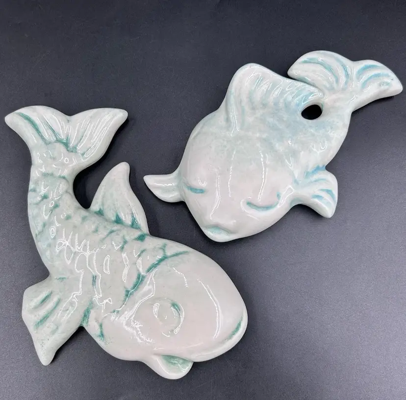 Vintage USA Anthropomorphic Koi Fish Wall Plaques Set 2 White Aqua Ceramic