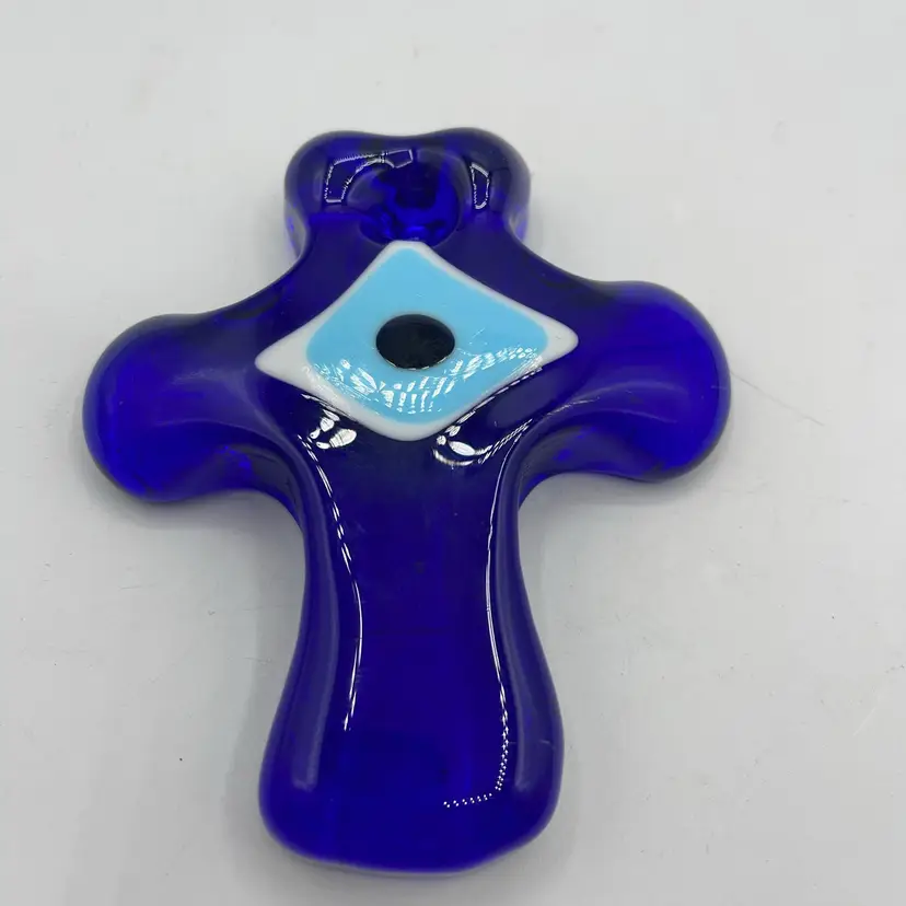 Turkish Evil Eye, Handmade Glass Cross, Paperweight, Home Decor, Made in Turkey  4”