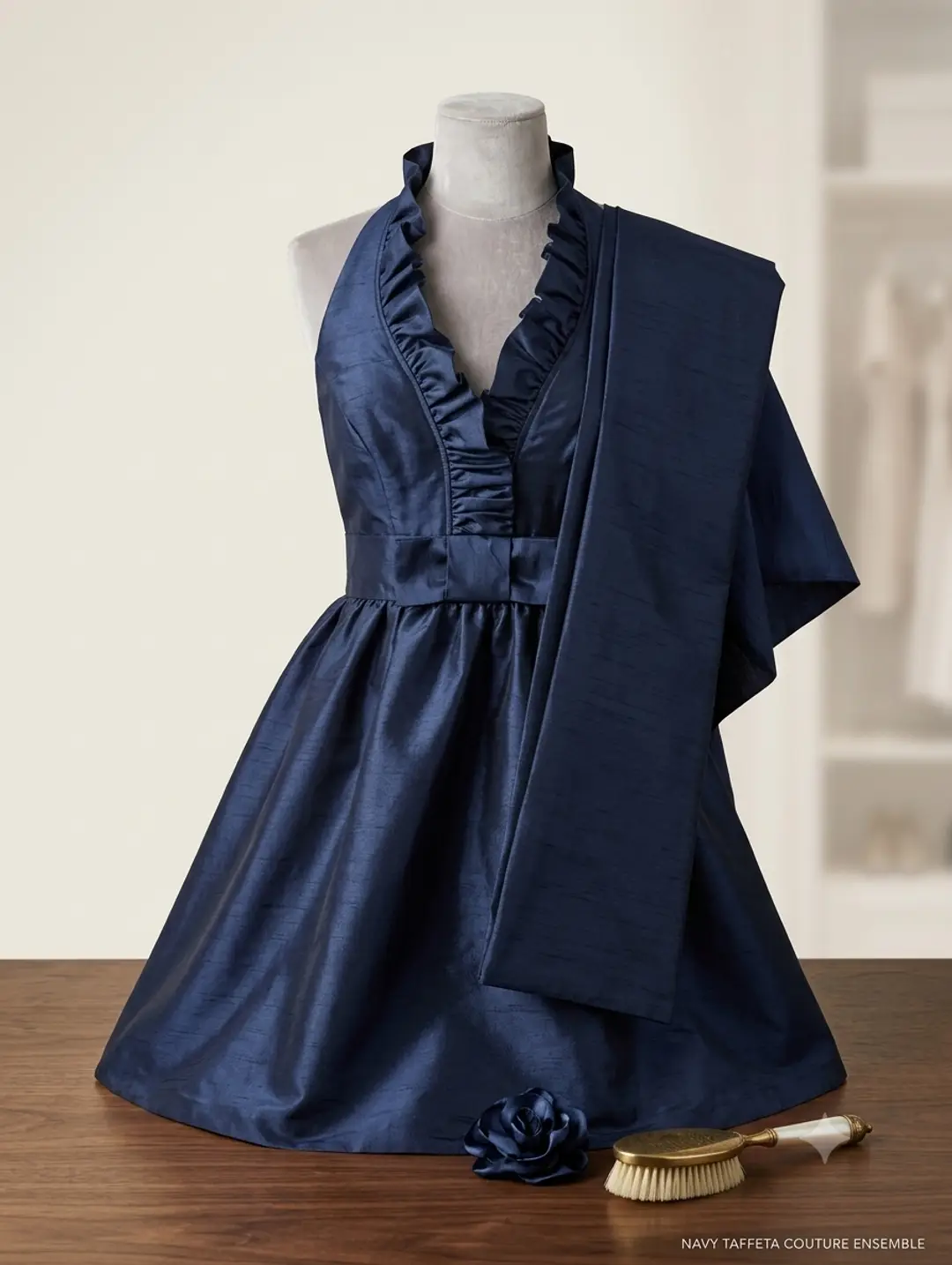 Elegant Navy Taffeta Halter Dress with Sash - Size 8