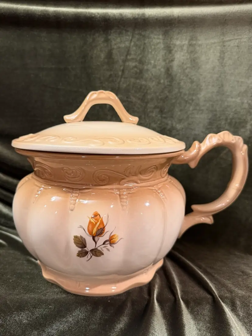 Vintage Heatherstone England 1888 Lidded Chamber Pot Peach Orange Rose Slop Jar