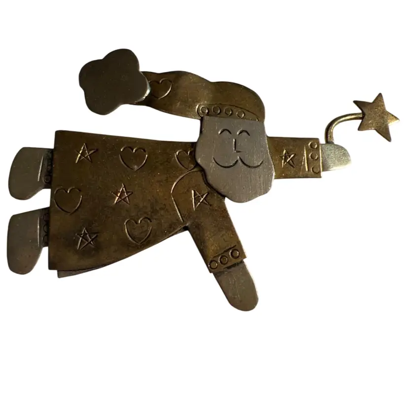 Vintage Flying Santa Claus w/ Star Brass Silver Tone Metal Christmas Pin Brooch