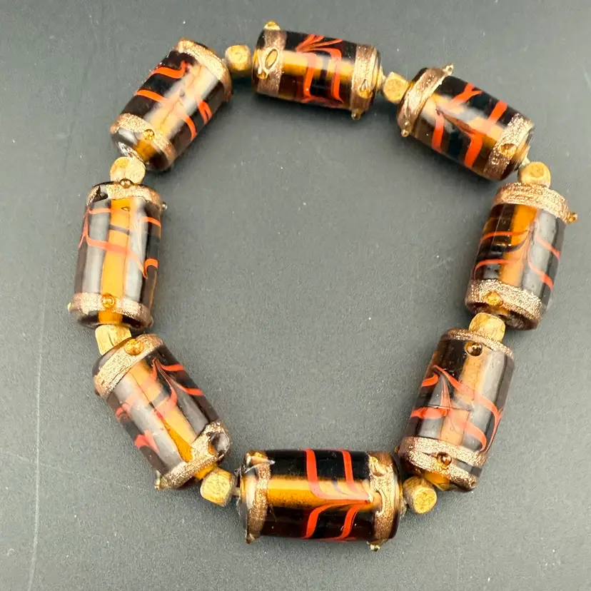 Venetian Style Lampwork Art Glass Barrel Bead Stretch Bracelet