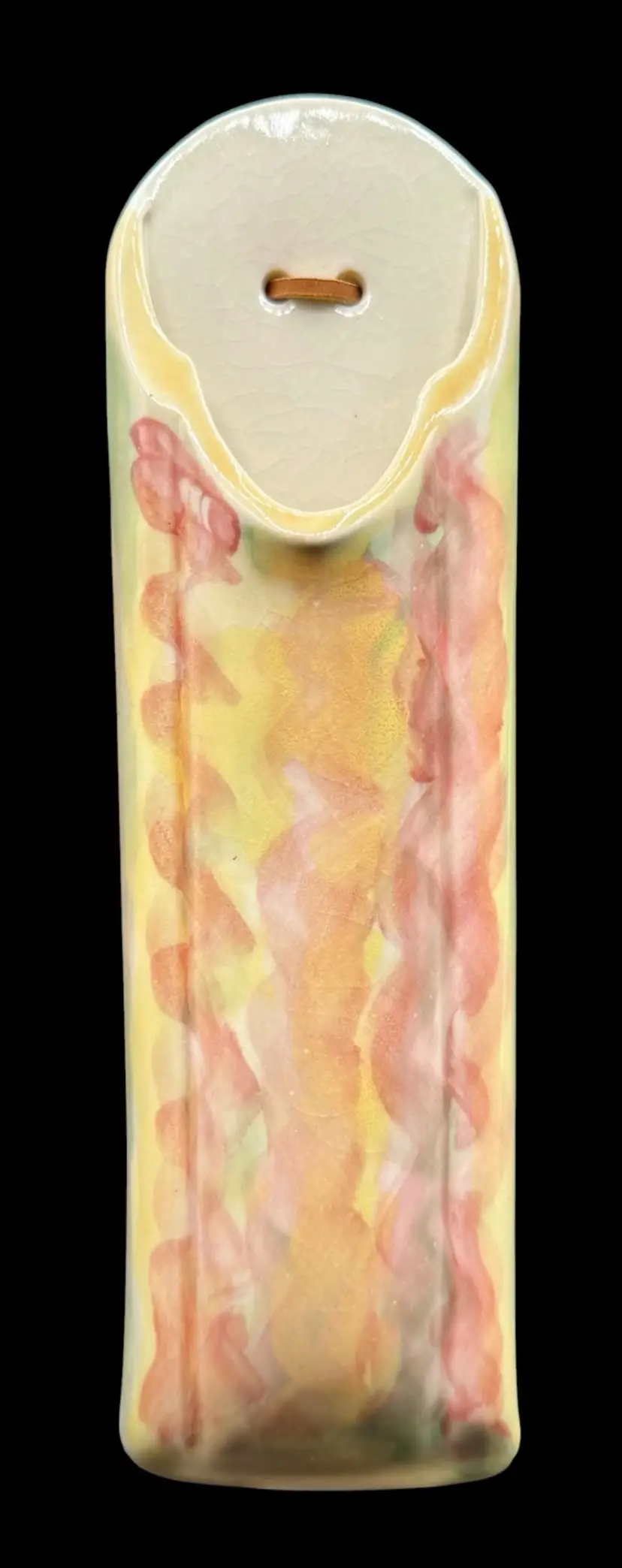 Signed Studio Art Pottery Wall Pocket Vase Pastel Pink Yellow Green Orange 10”