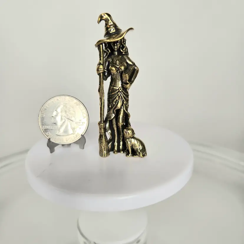 BRASS MINI WITCH W/ CAT, BROOM