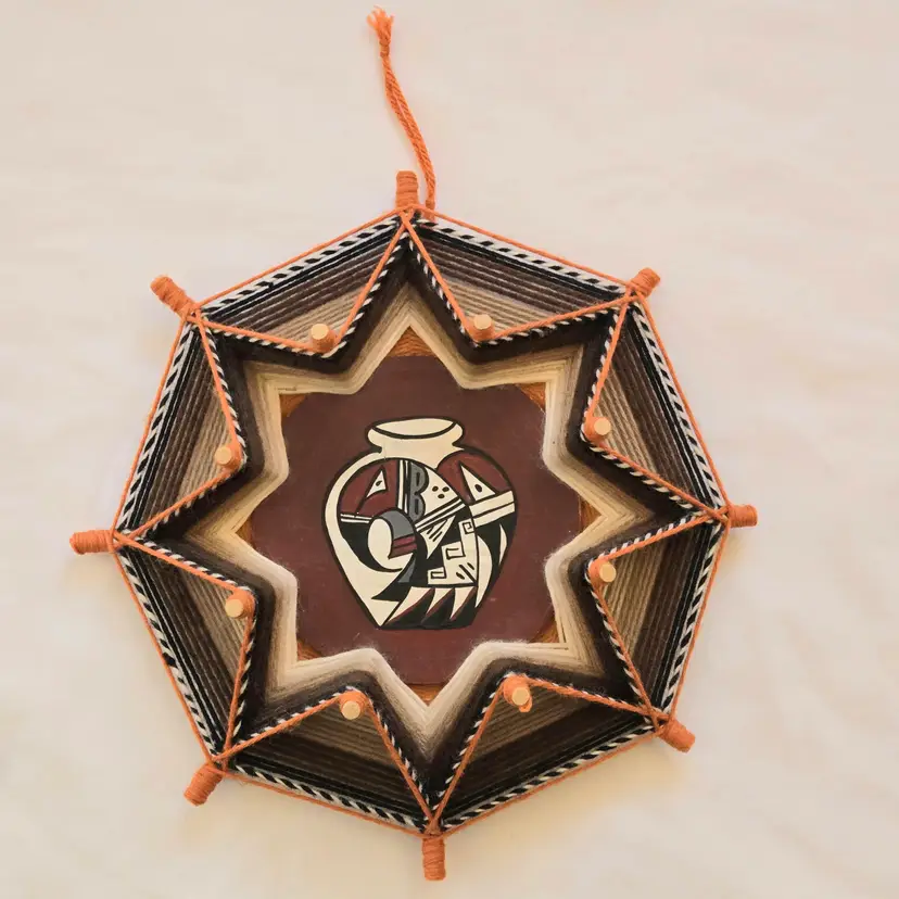 Native American Textile God's Eye Wall Art Handmade Hand Painted Wood & Wool 10¼” Diameter Unbranded