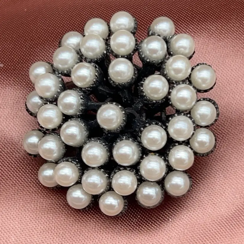 1950s–60s Atomic Sputnik Faux Pearl Cluster Brooch Blackened Metal