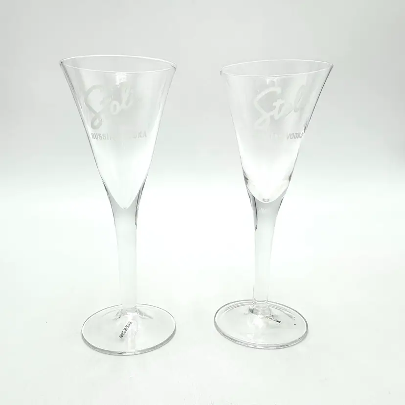 Stoli Russian Vodka Stemmed Shot Glass Shooter Set Of 2 Bar Ware Advertisement 2.5 D X 5.75” H