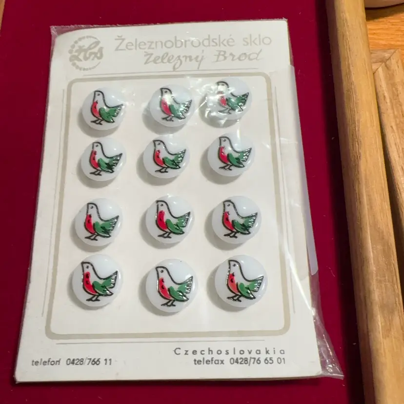 Glass White Glass Hand Painted Bird Buttons. Set Of 12 On Card Czecho-Slovakia