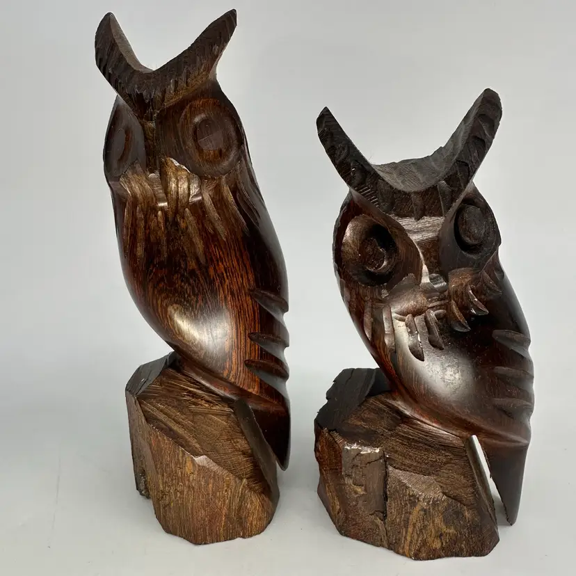Pair Wooden Carved Owls