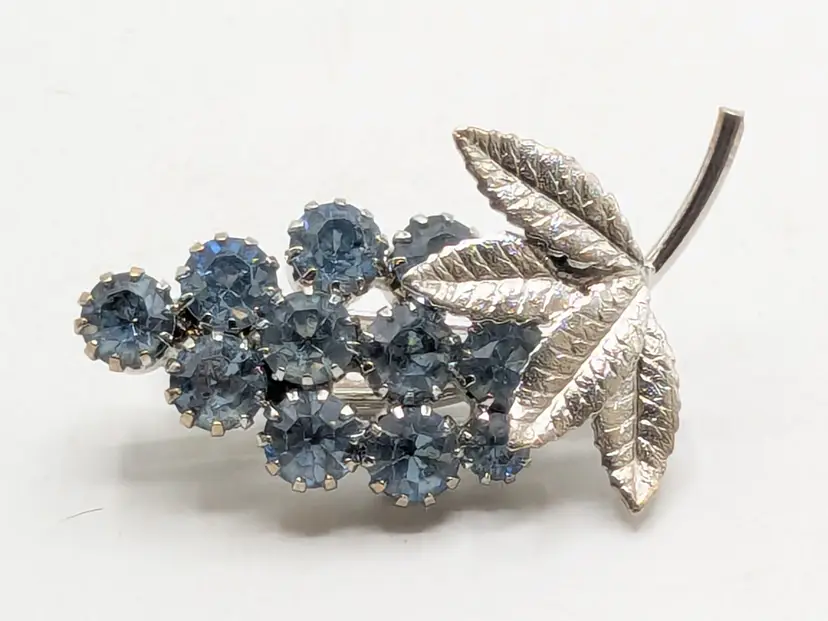 Vintage Silver Tone Grape Cluster Brooch Blue Rhinestones