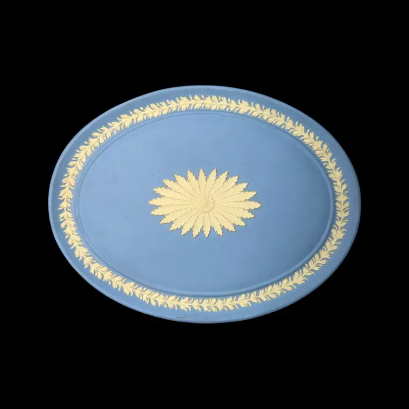 Rare Vintage Wedgwood Blue Jasperware Oval Tray Cream Floral Relief 6.5”
