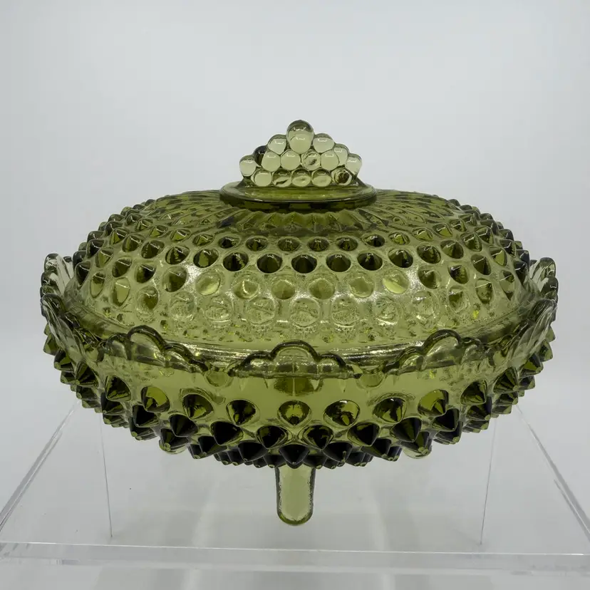 Vintage Green Glass Hobnail Footed Lidded Decorative Finial Candy Dish Mint 6.5”