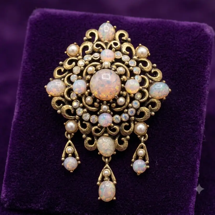 56. HOLLYCRAFT Vintage Gold Tone FIRE OPAL Cabochon Pearl AB Medallion Brooch Pin