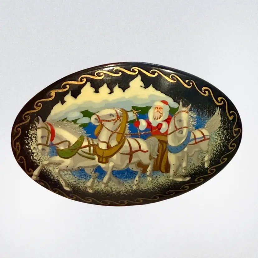 Vintage Russian Lacquer Hand Painted Signed Santa Claus In Sled w/ White Horses Brooch, 2.40”
