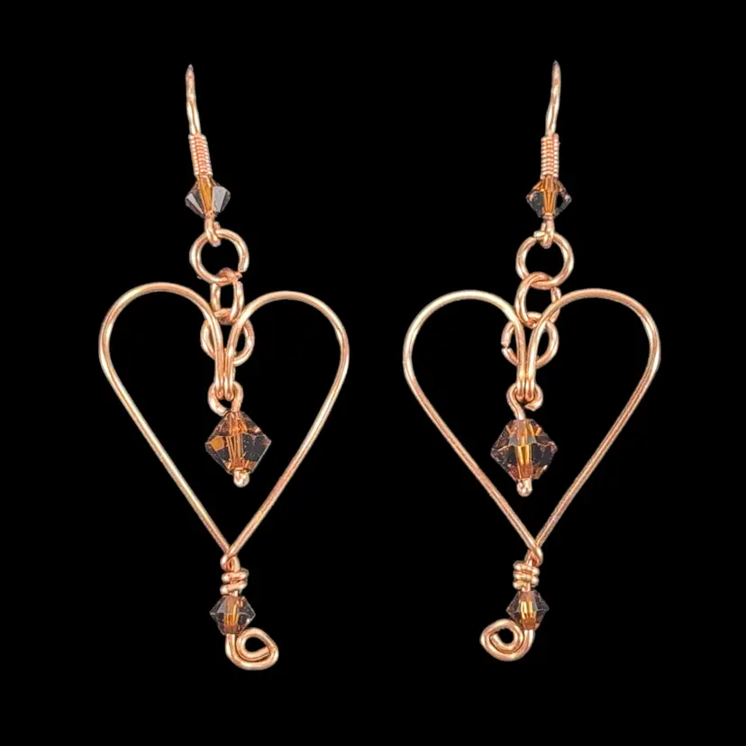 Mark ~ Avante Jewelry Wire HEART Amber Crystals Pierced Earrings Copper Plated