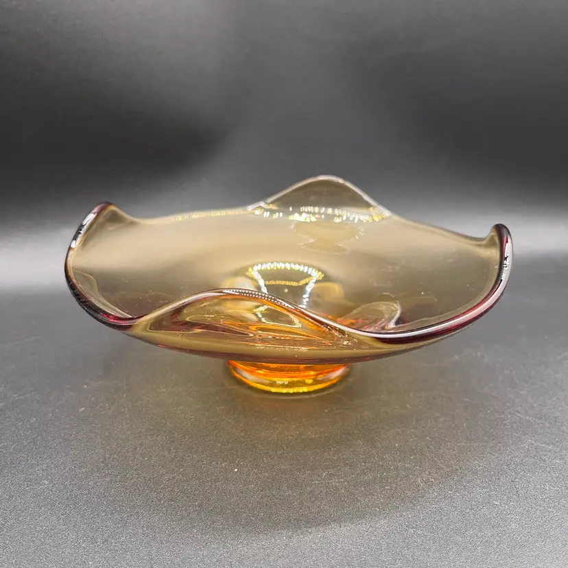 #08 Viking Footed Amber Glass Dish Folded Edges 6.5””