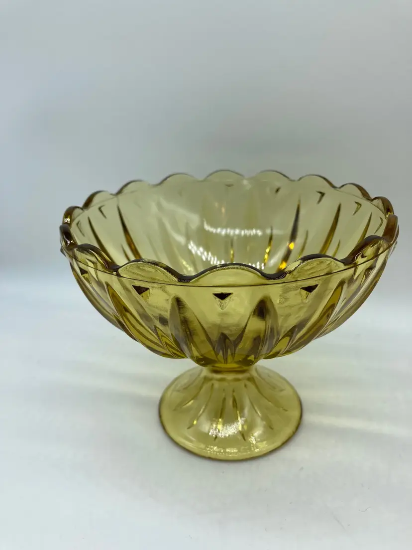 Vintage Amber Glass Gold Pedestal Scalloped Edge Candy Dish Compote