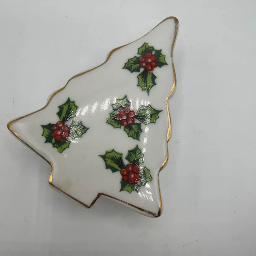 Lefton Japan Holly Berry Tree Shaped Lidded Candy Dish