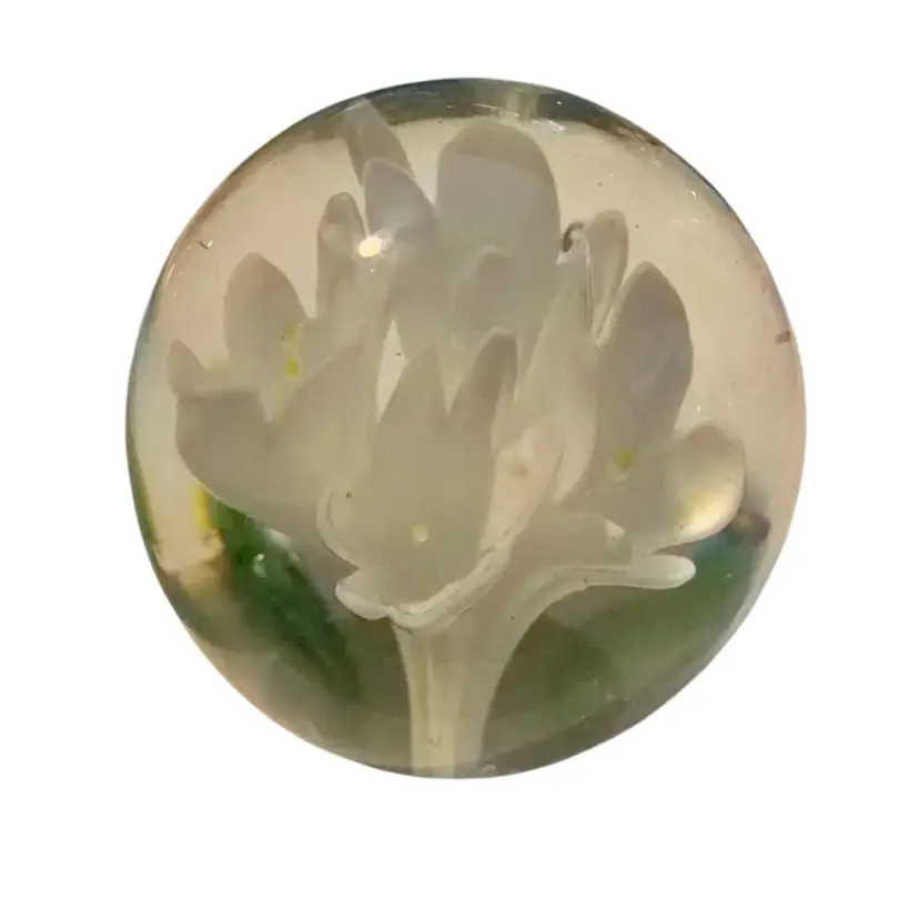 #13….White Flower Art Glass Paperweight with Green Stems – 2” Tall