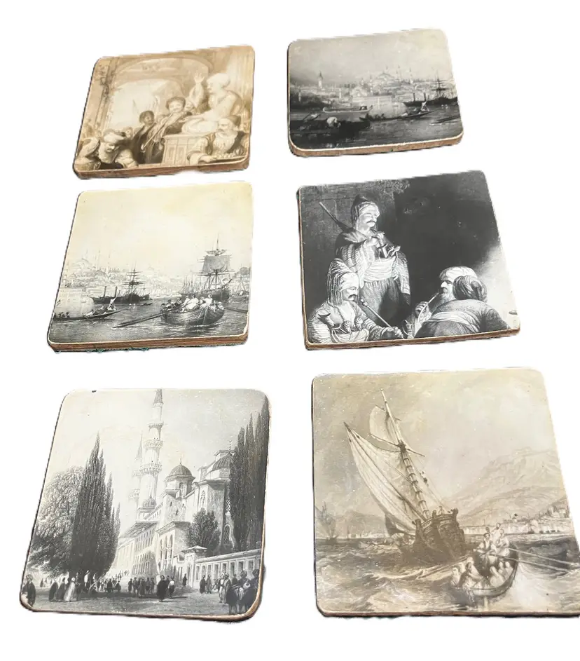 VTG Set of 6 Coasters Black and White Etchings Historical Harbor and City Landmarks