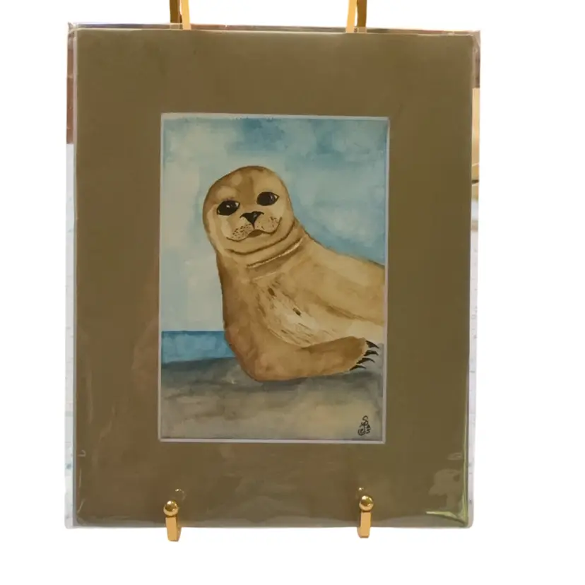Original watercolor Leaning Seal 5 X 7” In 8 X 10” Beige Matte