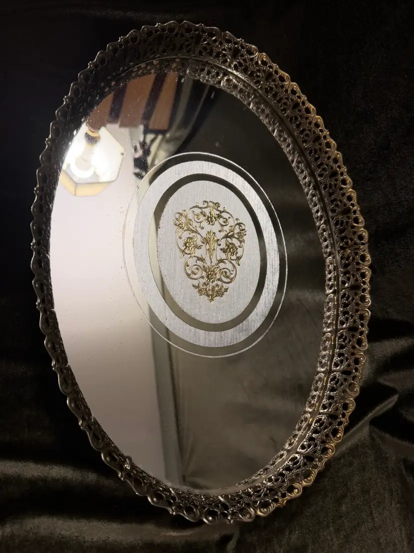 Vintage Gold Filigree Floral Ornate Vanity Dresser Mirror Tray Perfume 16x11