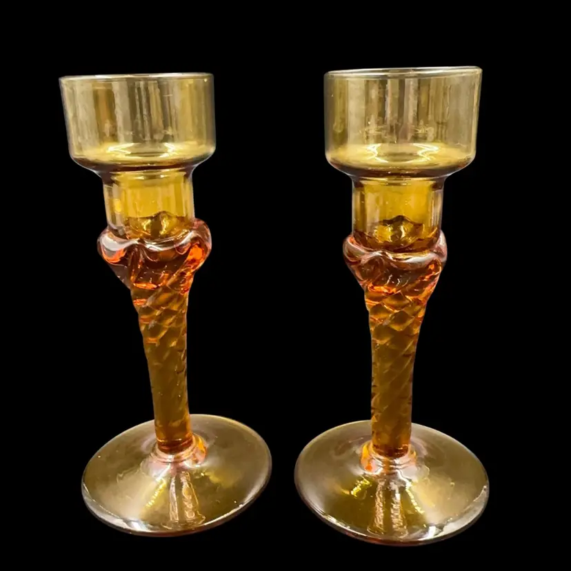 A Set Of Two Vintage Empoli  Italy, Amber Glass 7” Twisted Candle Holder