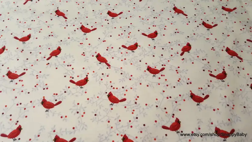 Cardinals on Vines Cream Flannel Fabric Remnant - 100% Cotton - Choose Size - Soft Craft & Quilting Fabric